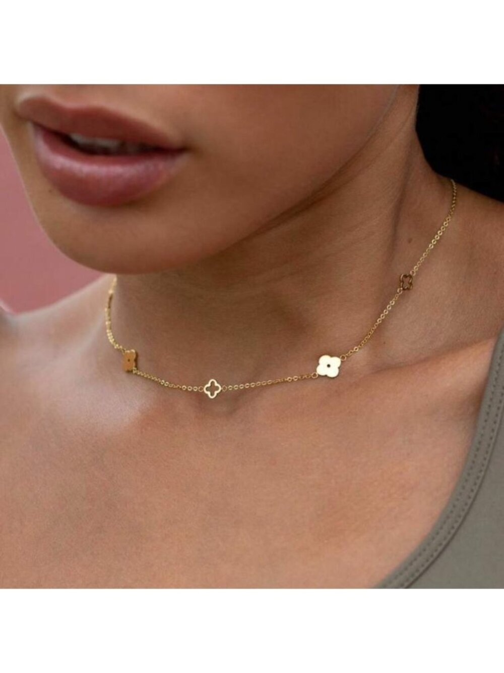 Gold Plated Stainless Steel Clover Charm Necklace Tarnish Resistant